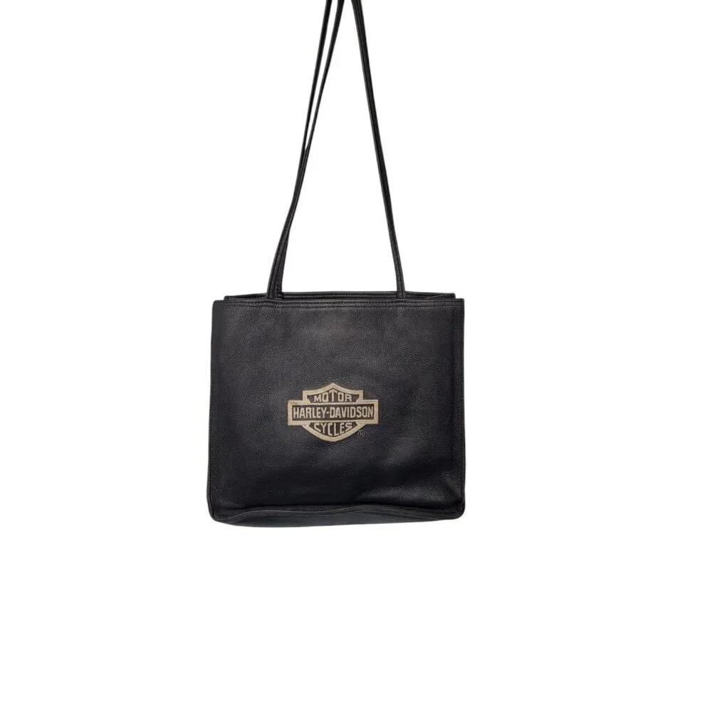 Vintage Harley Davidson Black Embroidered Logo Leather Shoulder Bag Purse Tote - Picture 3 of 16